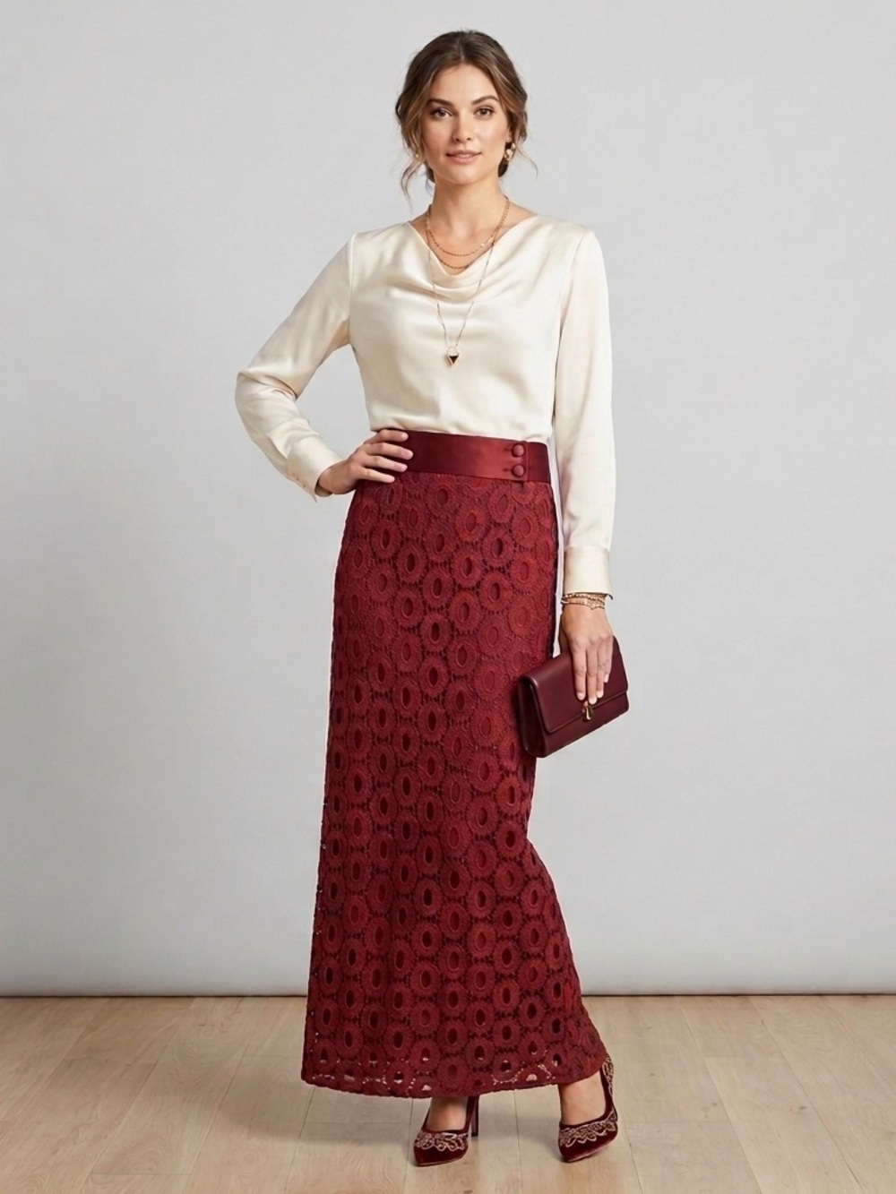 St. John Soutache Column Long Feminine Croquette Lace Maxi Skirt 4 Red Burgundy